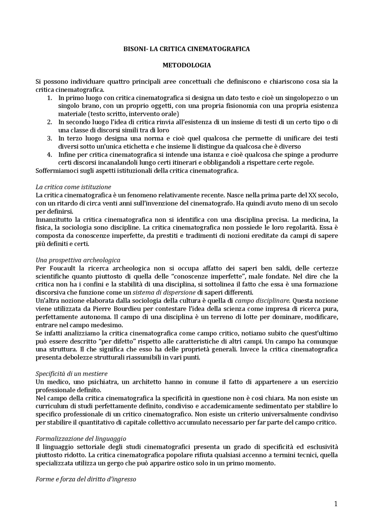 La critica cinematografica. Metodo, storia e scrittura - Docsity
