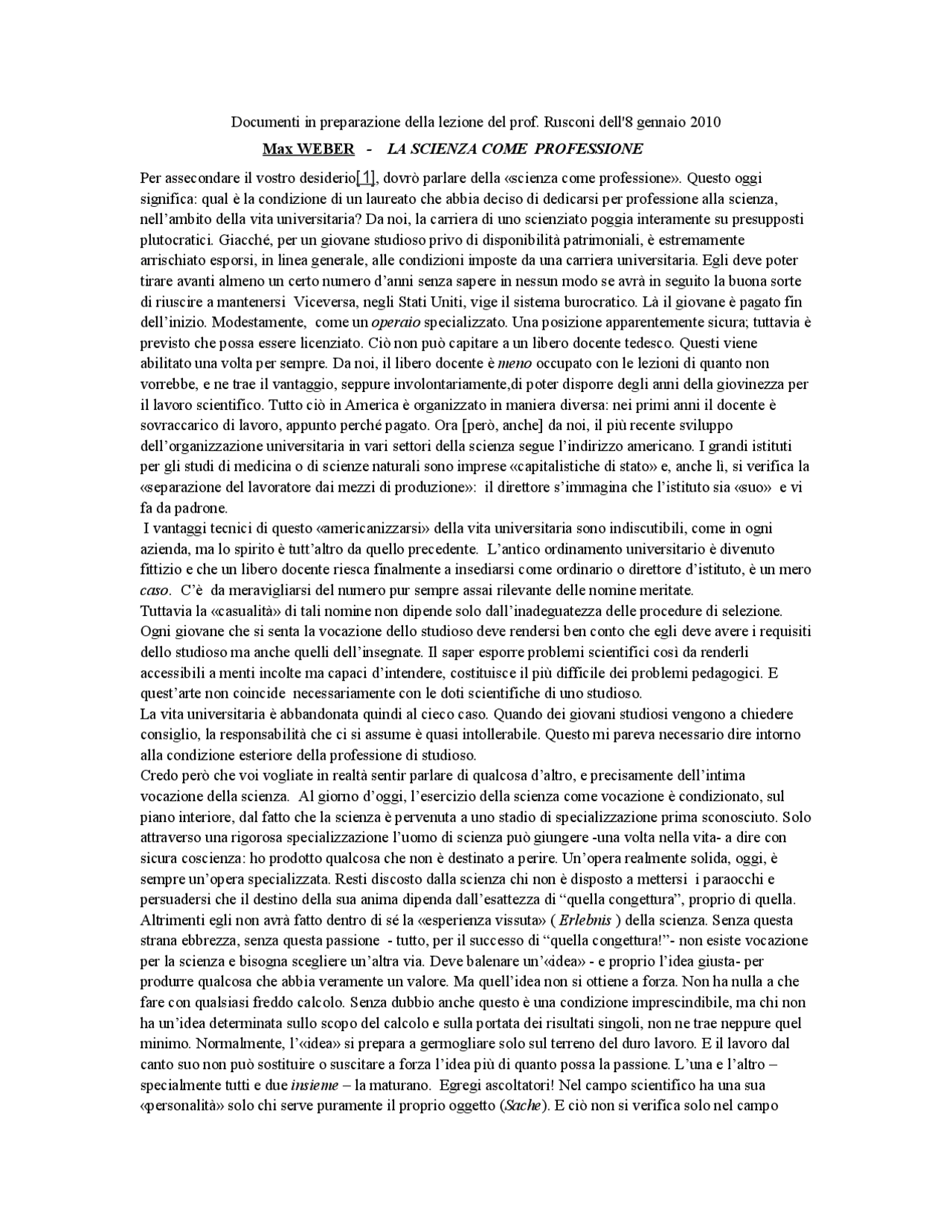 La scienza come professione, di Weber Docsity