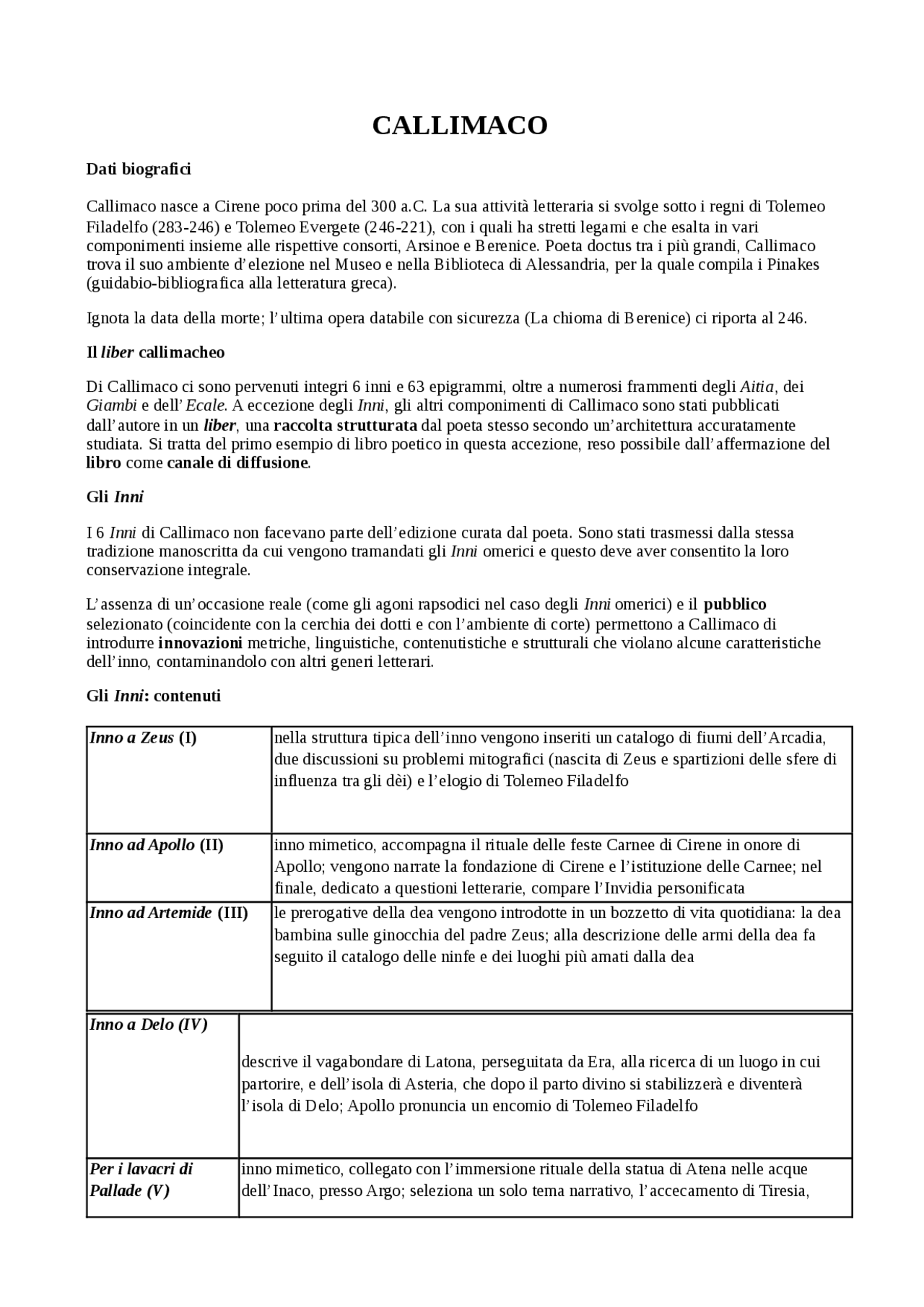 Callimaco Vita E Opere Docsity