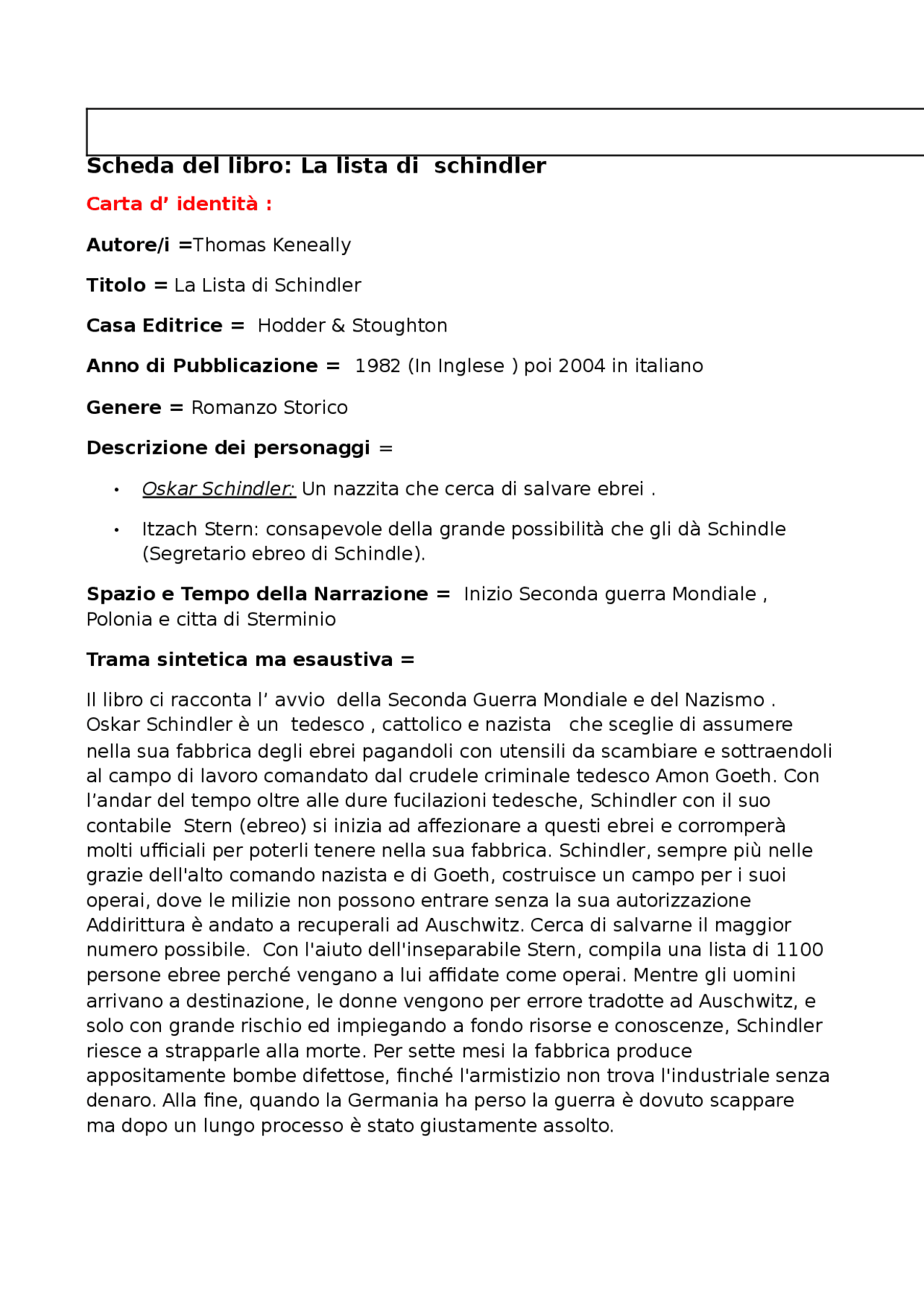 Schindler list recensione Docsity