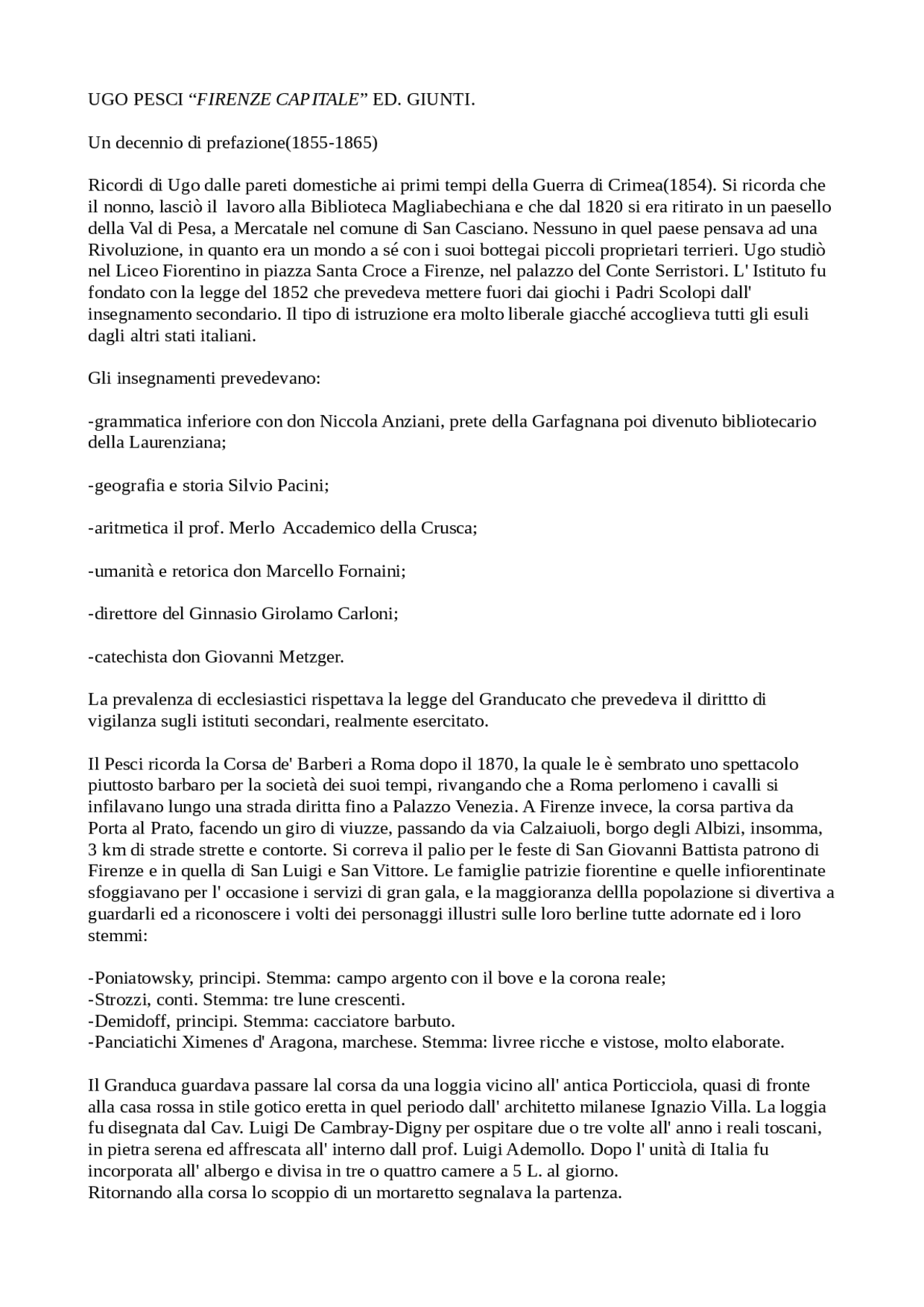 Storia moderna ugo pesci firenze capitale Docsity