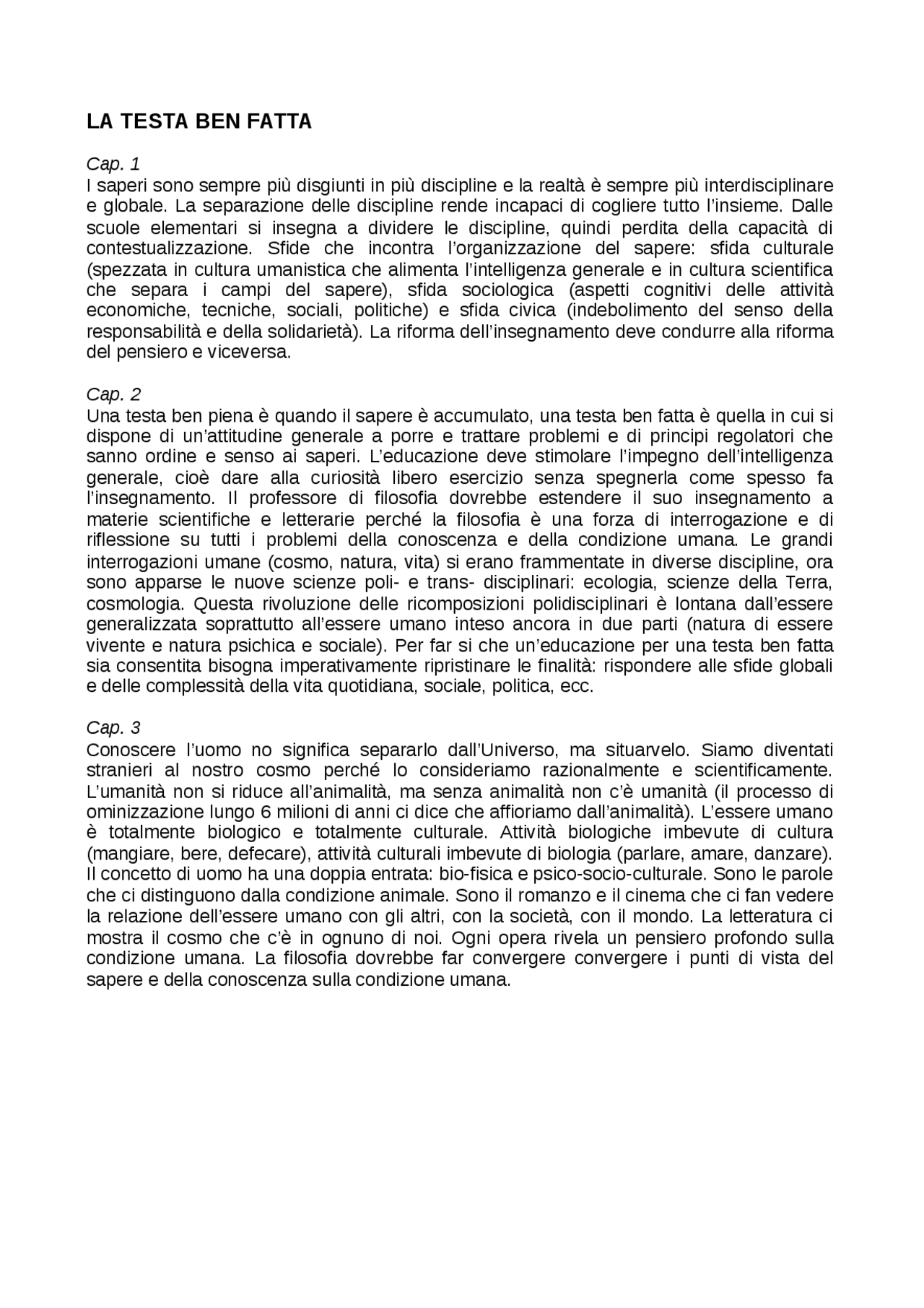 La testa ben fatta - Filosofia dell'educazione - Edgar Morin - Docsity