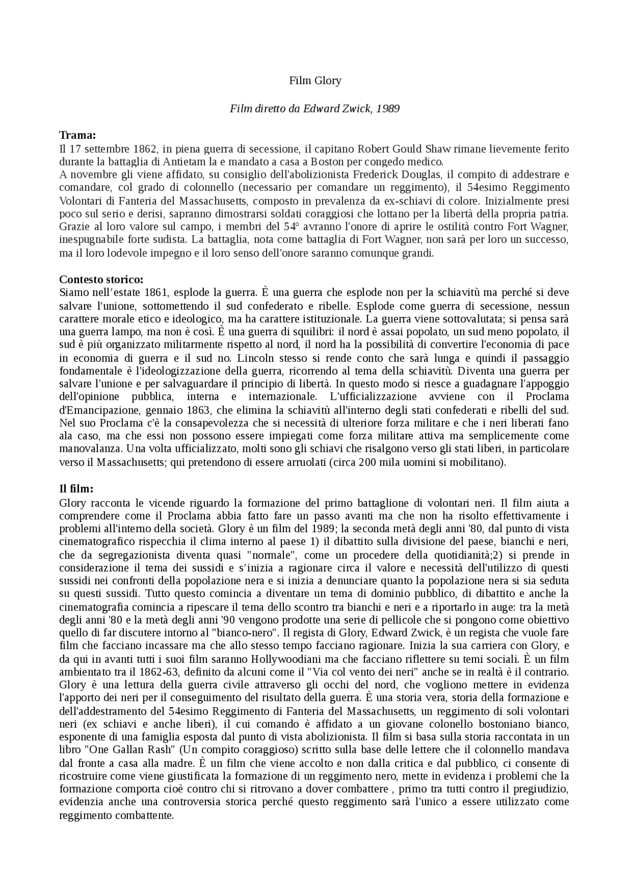 Analisi film Glory, uomini di gloria Docsity Analisi film Glory, uomini di gloria Docsity