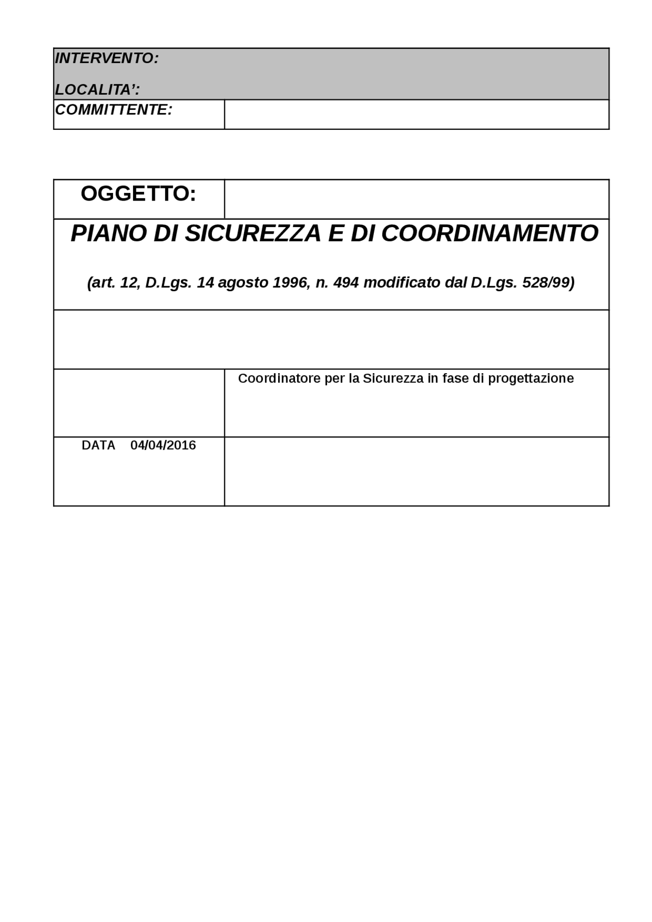 PIANO DI SICUREZZA E COORDINAMENTO Docsity