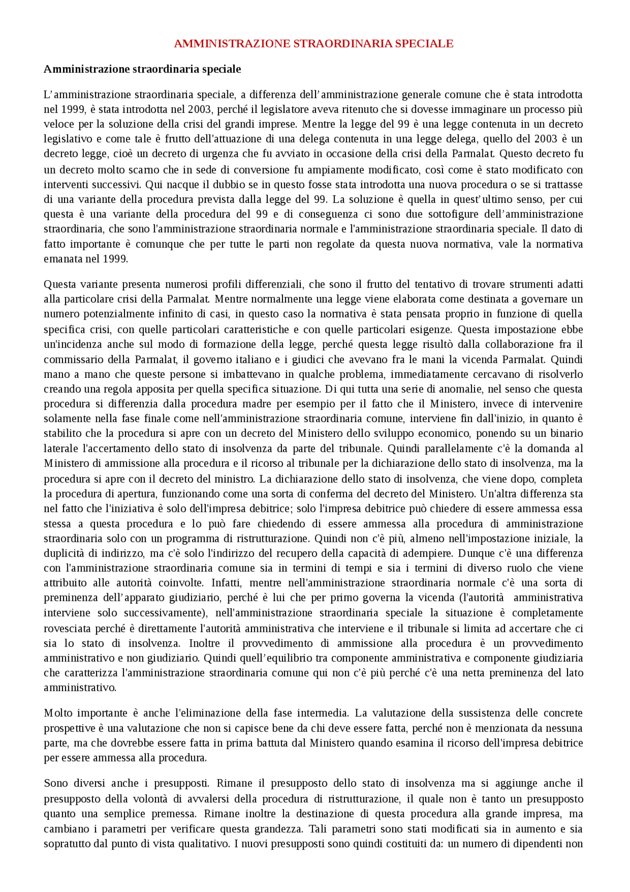 AMMINISTRAZIONE STRAORDINARIA SPECIALE Docsity