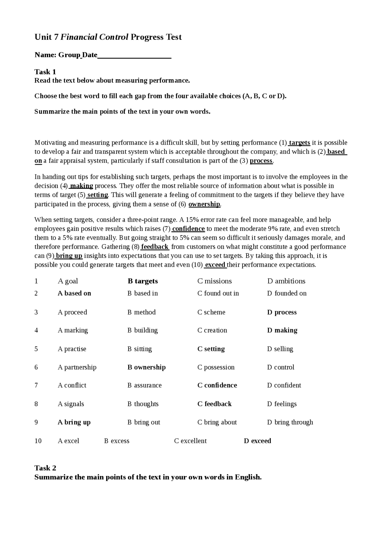 Unit 7 Financial Control - Docsity