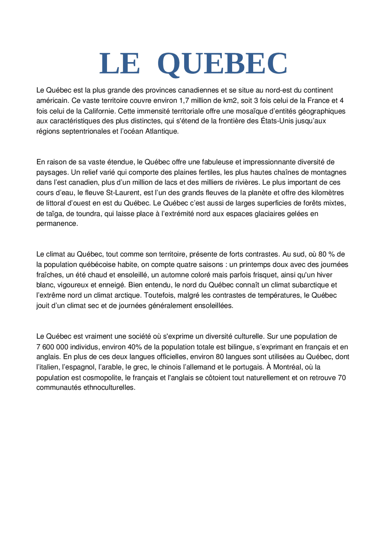 Quebec French Text Le Quebec en francais | Esercizi di Francese | Docsity