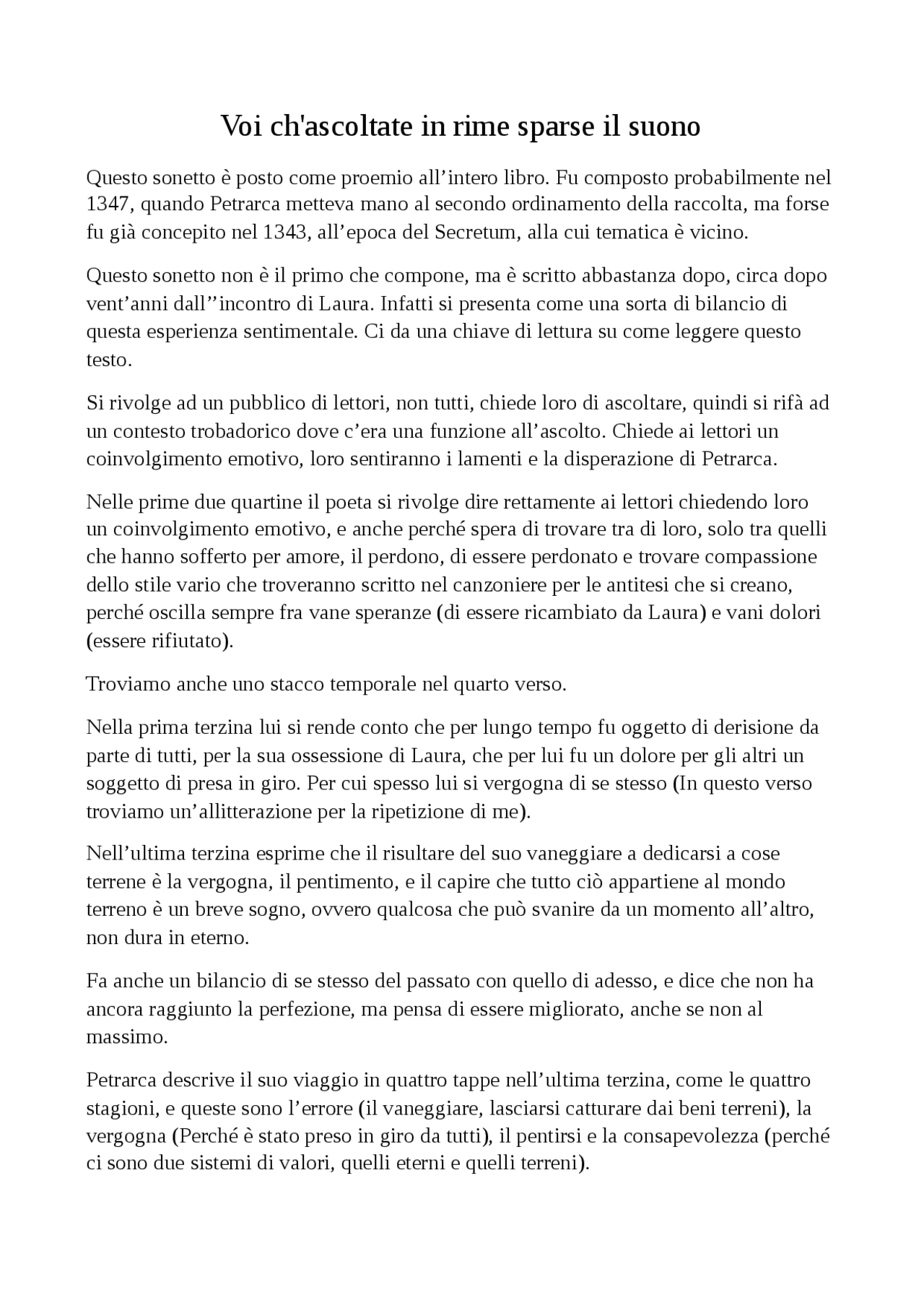 Voi ch'ascoltate in rime sparse il suono Descrizione Docsity