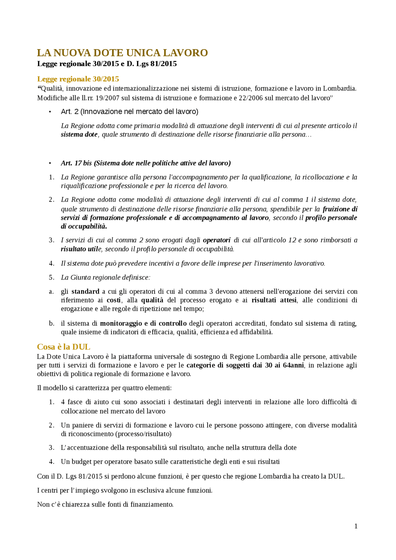 SINTESI DUL DOTE UNICA LAVORO Sintesi del corso di Scienza Politica