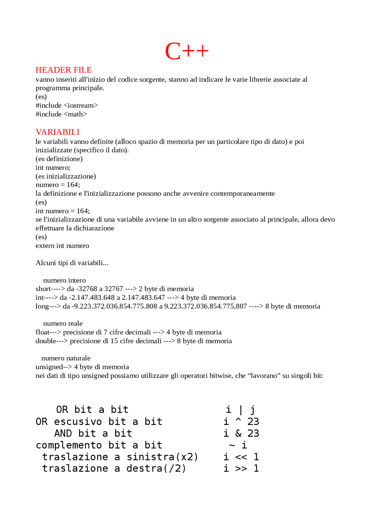 Linguaggio C++ - Sintesi | Sintesi del corso di Elementi di Informatica ...
