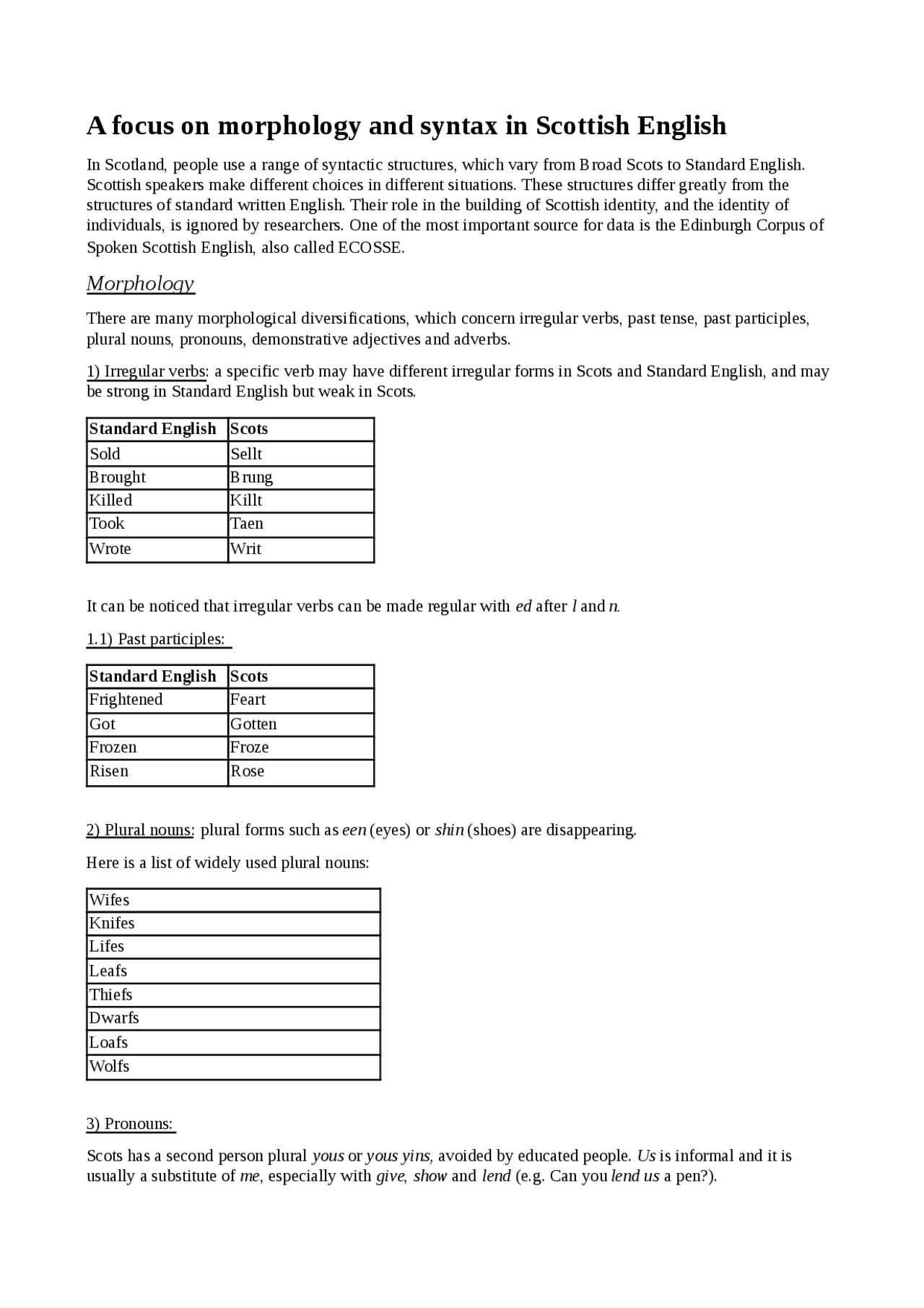 Scottish english morphology and syntax - Docsity