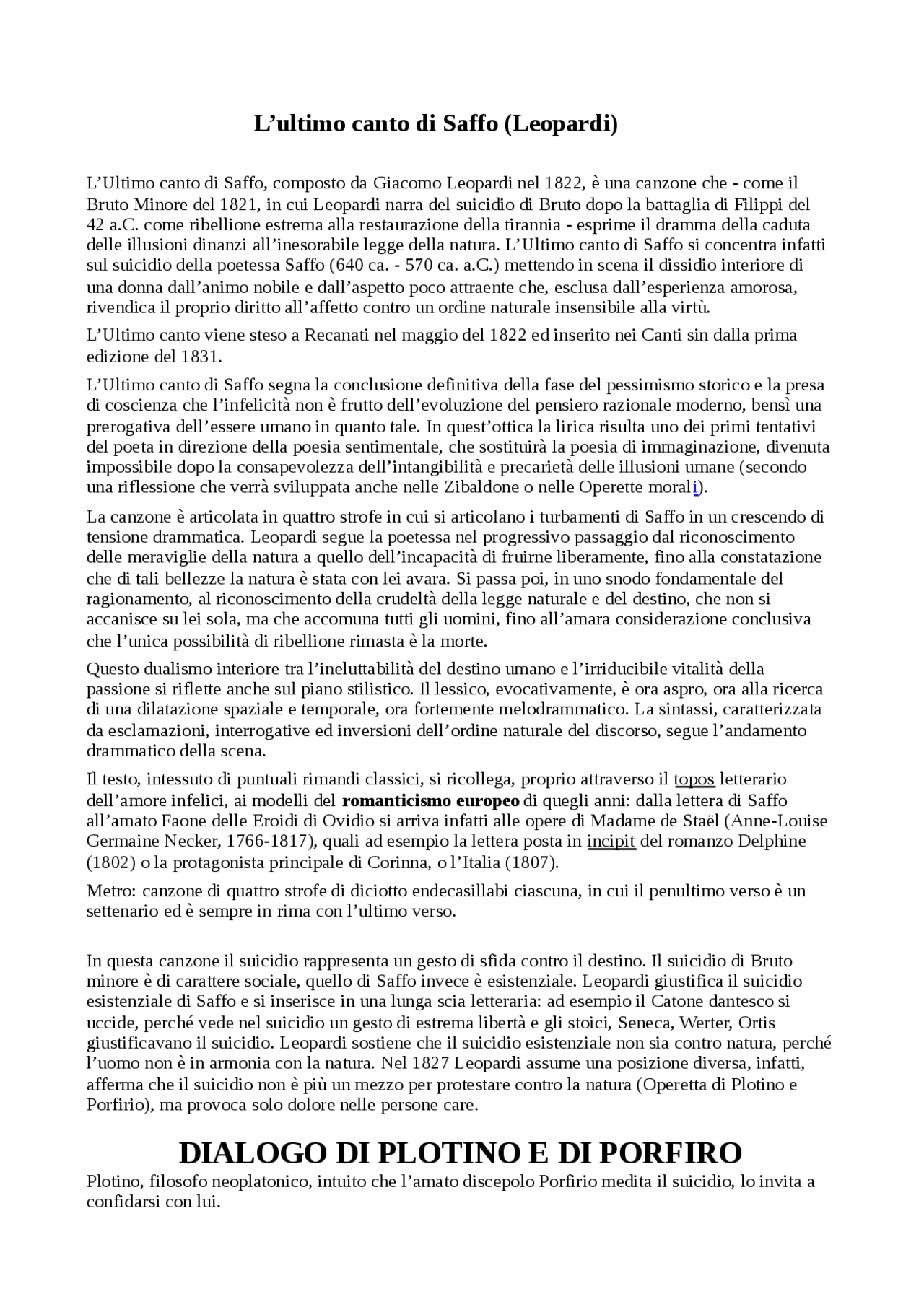 L'ultimo canto di Saffo e Dialogo