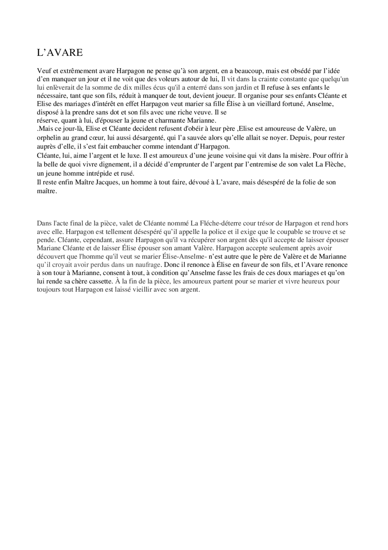 L Avare De Molière Résumé Court