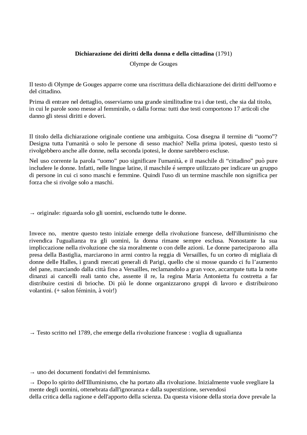 DIchiarazione dei diritti della donna e della cittadina Docsity
