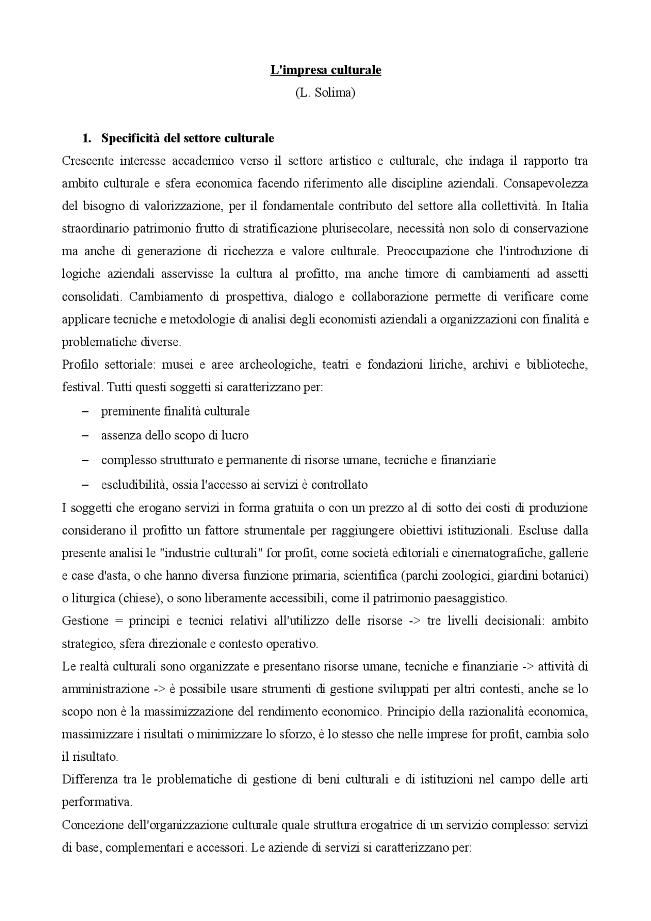 L'impresa culturale (Solima) - Docsity