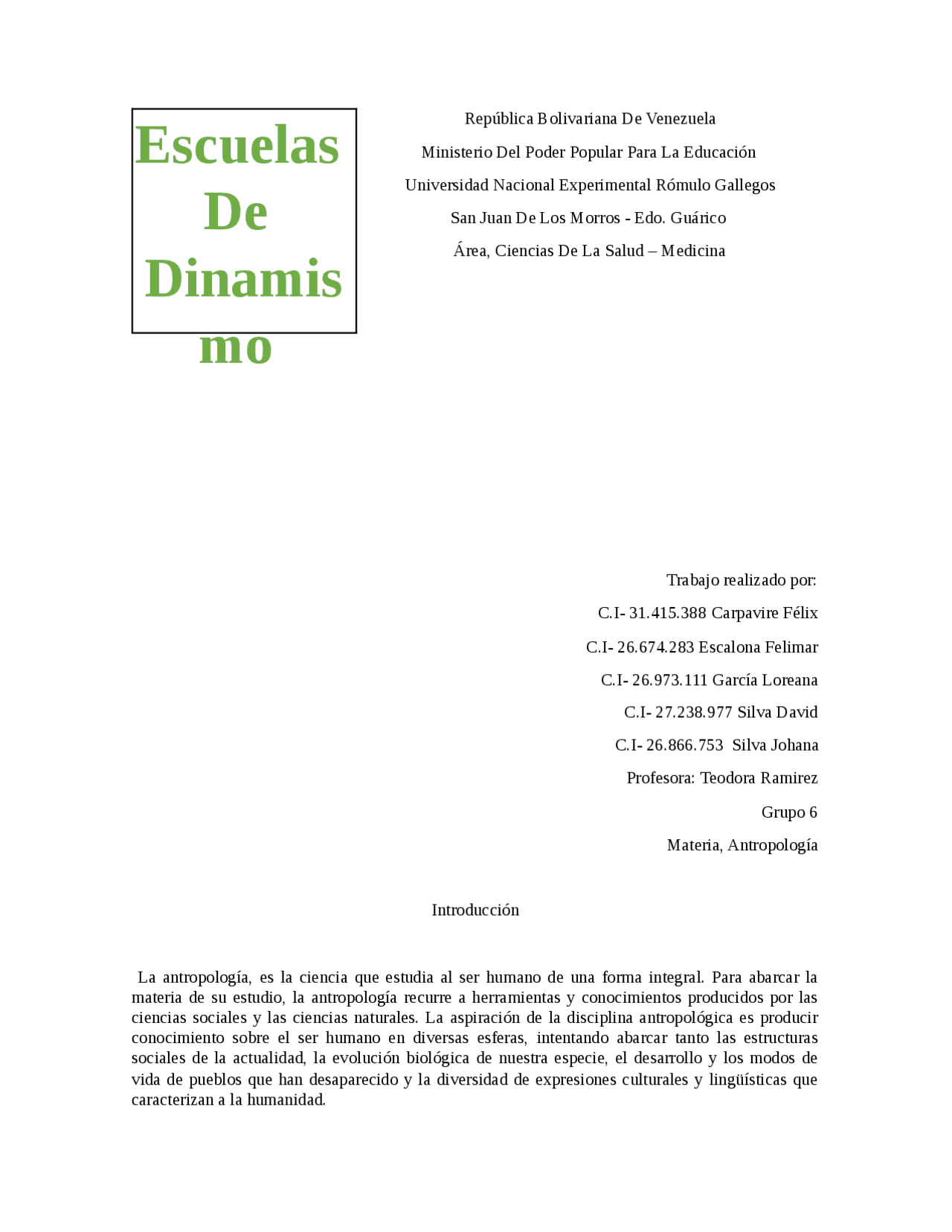 Escuela Antropologica Dinamica O Dinamismo Docsity