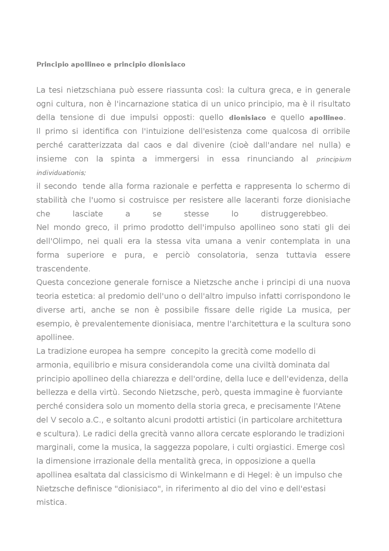 Principio Apollineo E Principio Dionisiaco Docsity