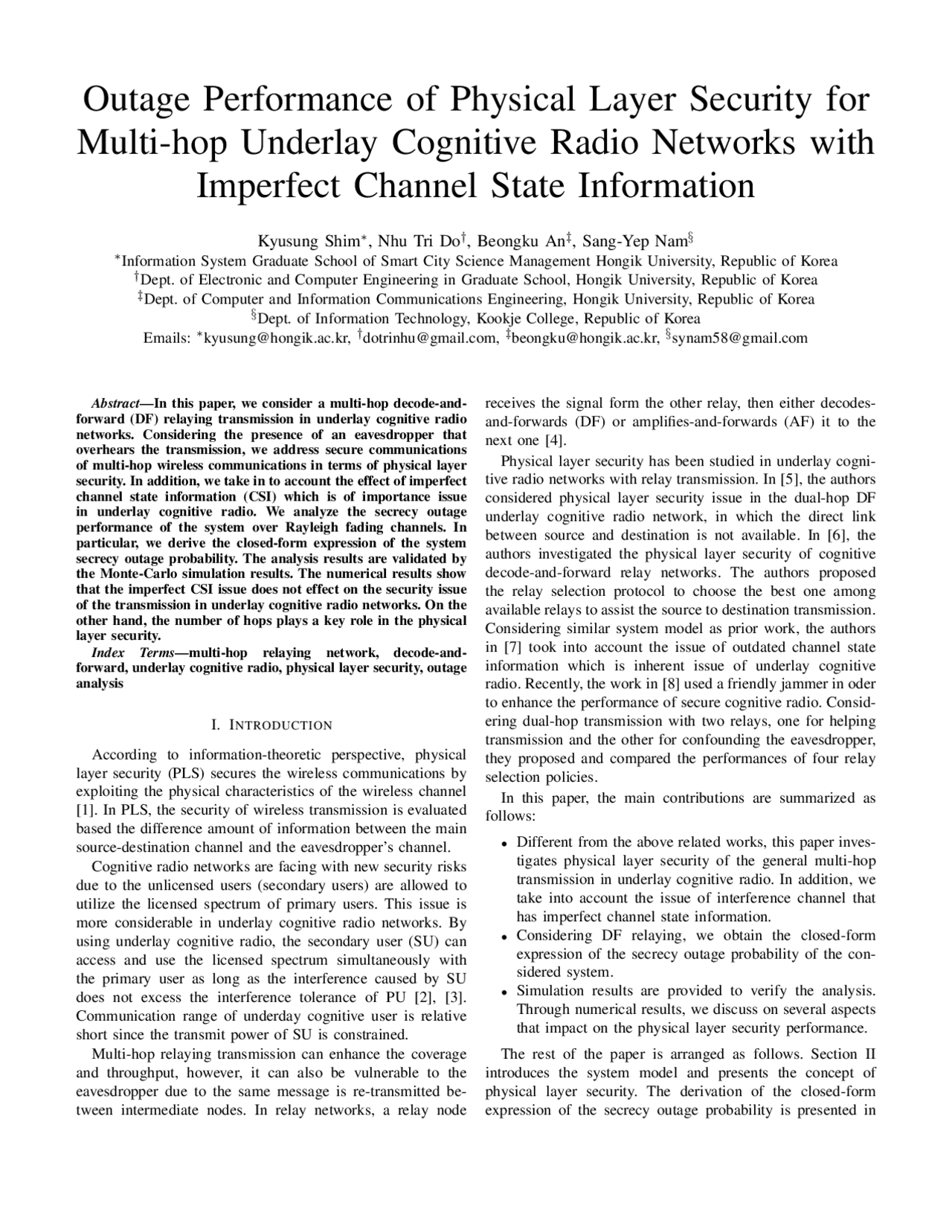 Outage Performance of Physical Layer Security for Multi-hop Underlay ...