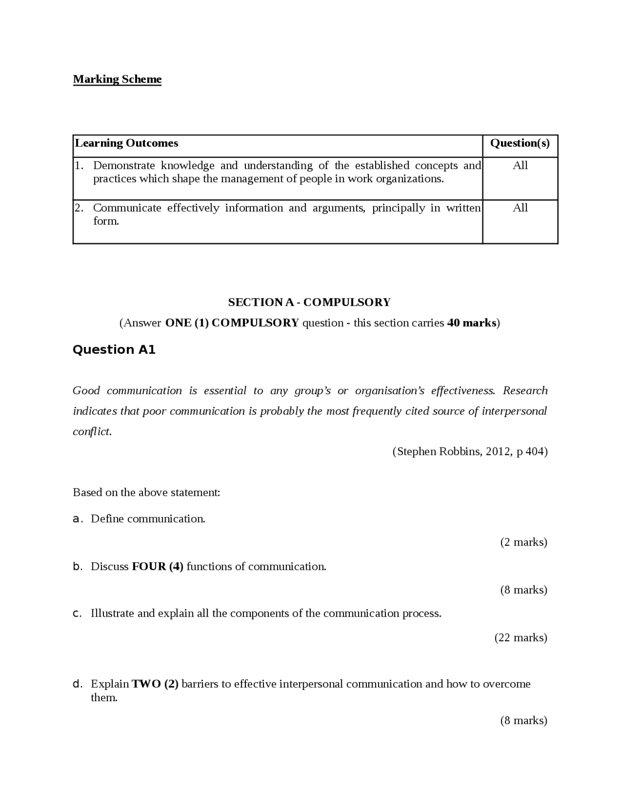 Marking scheme for the exam paper samples for people management modules ...