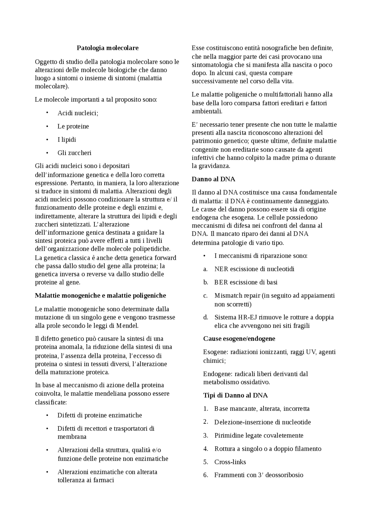 Patologia molecolare Appunti di Patologia Generale Docsity