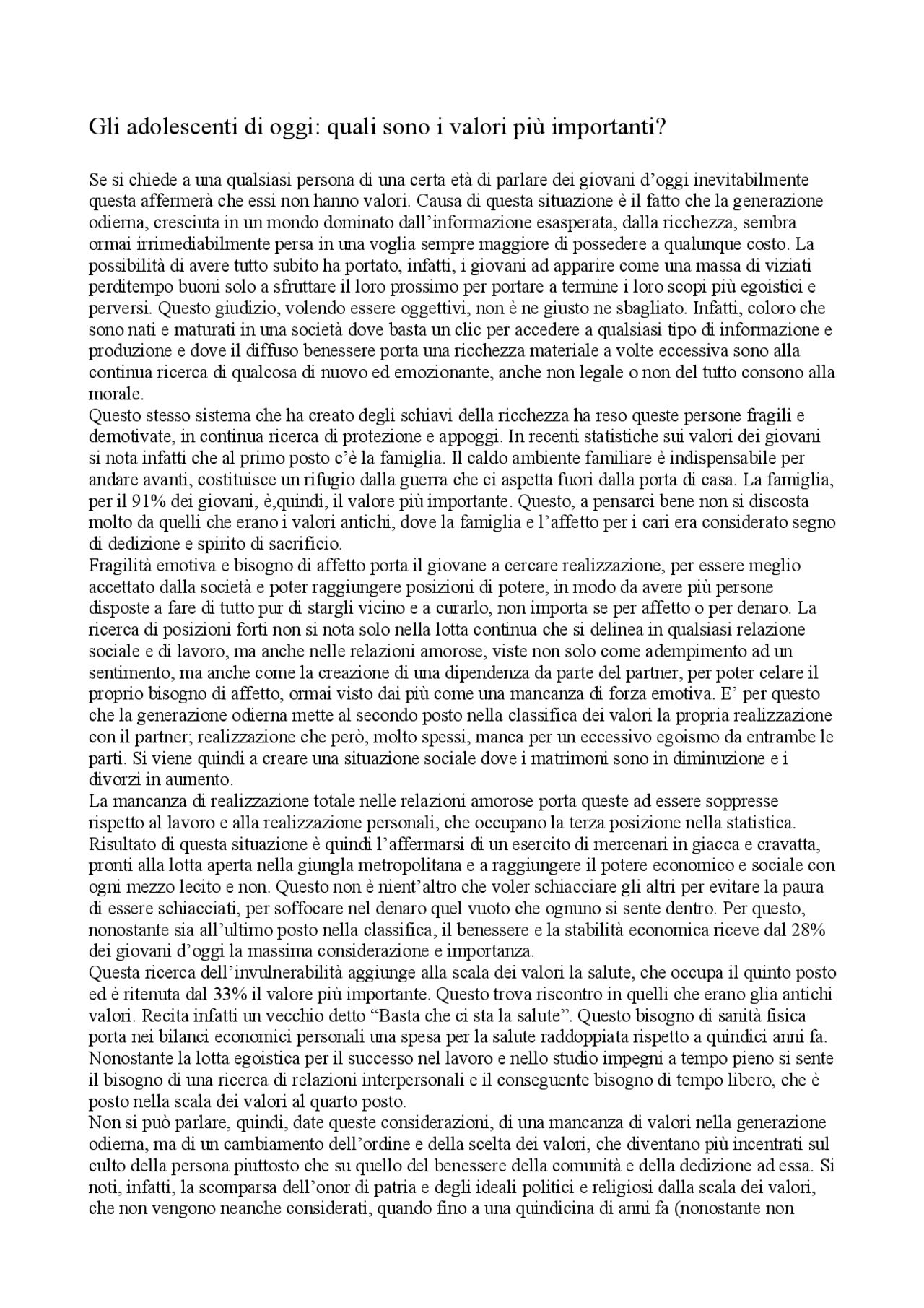 La crisi dei valori tra i giovani d'oggi - Docsity
