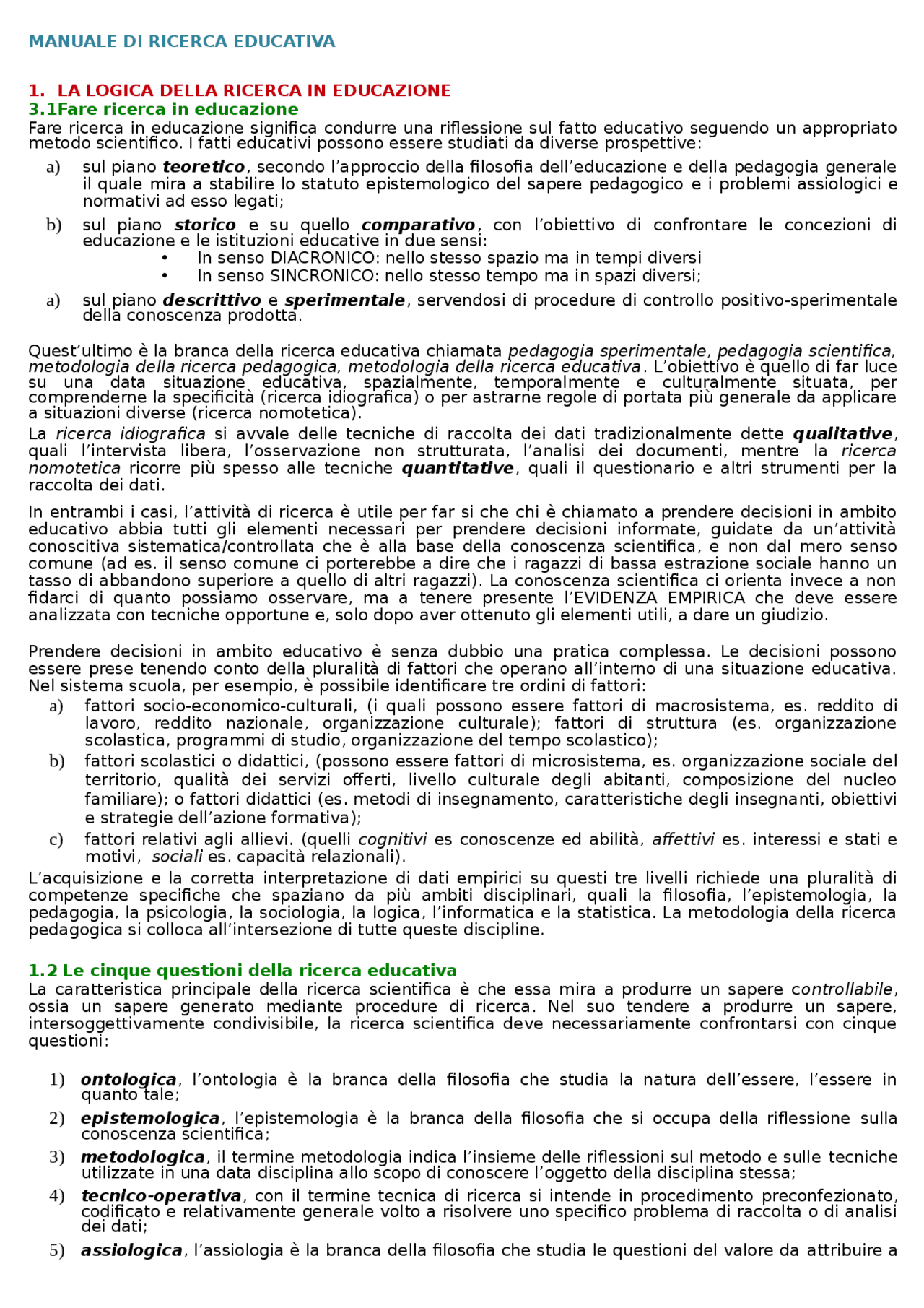 Riassunto Trinchero R. Manuale di ricerca educativa. Franco Angeli