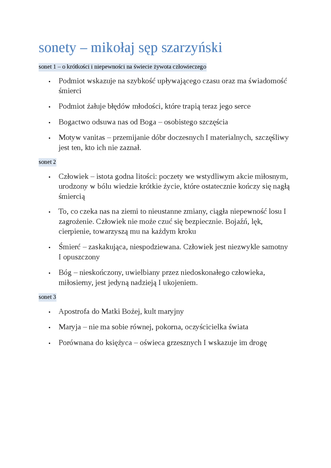 SONETY – MIKOŁAJ SĘP SZARZYŃSKI - Docsity