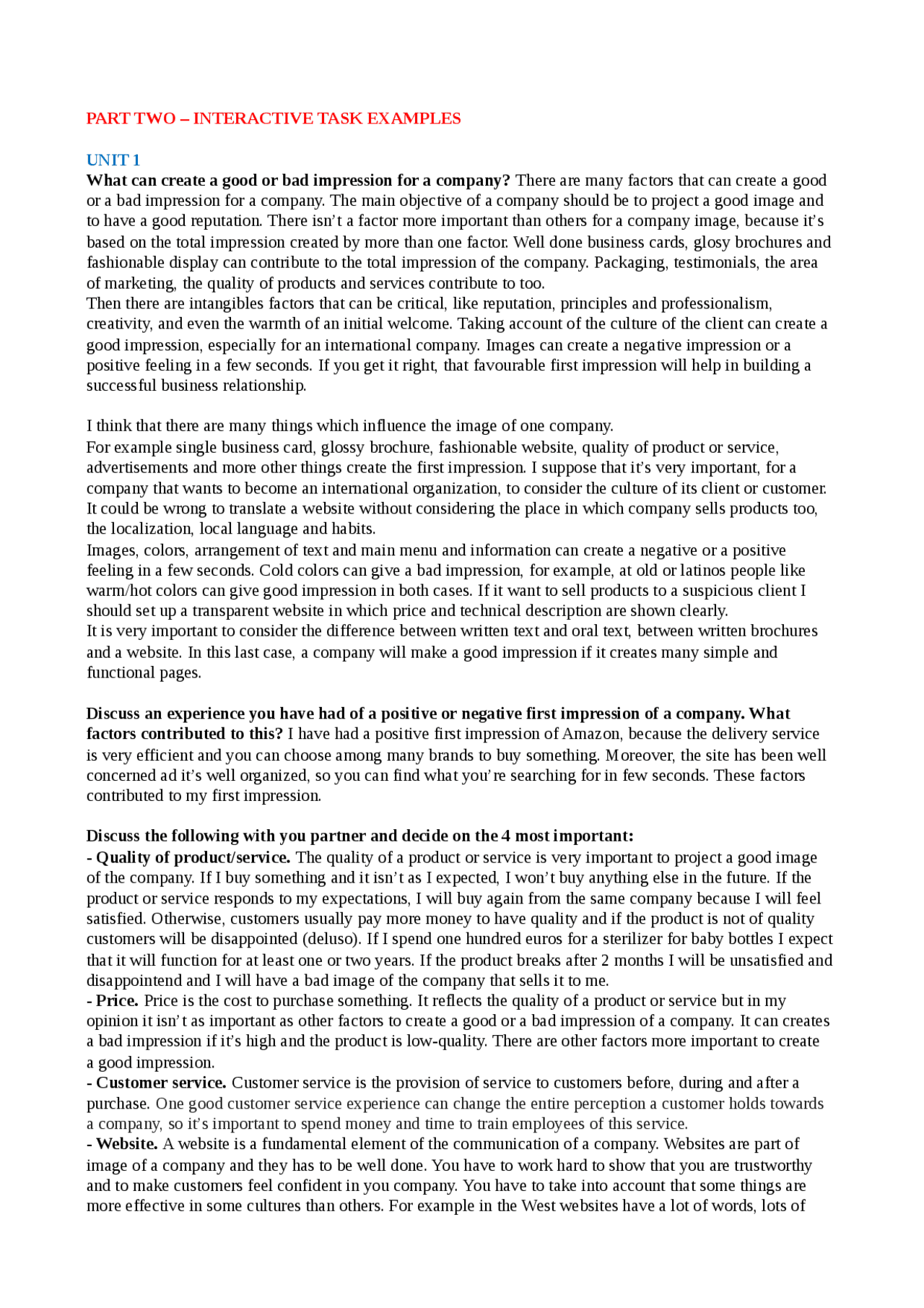 Speaking Interactive Task in Pairs lettorato di lingua inglese C Claire ...