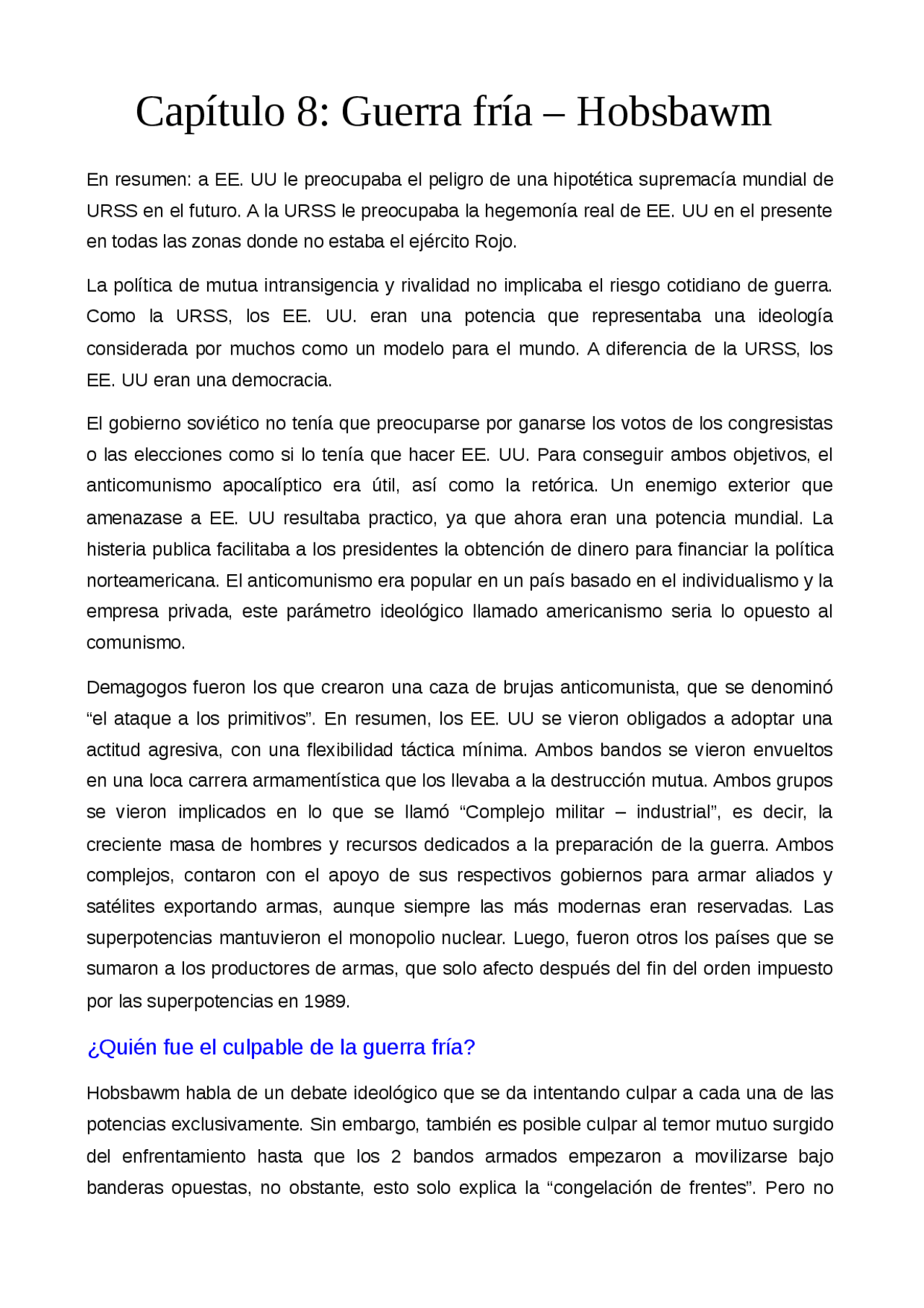 Eric Hobsbawm La Guerra Fria Docsity