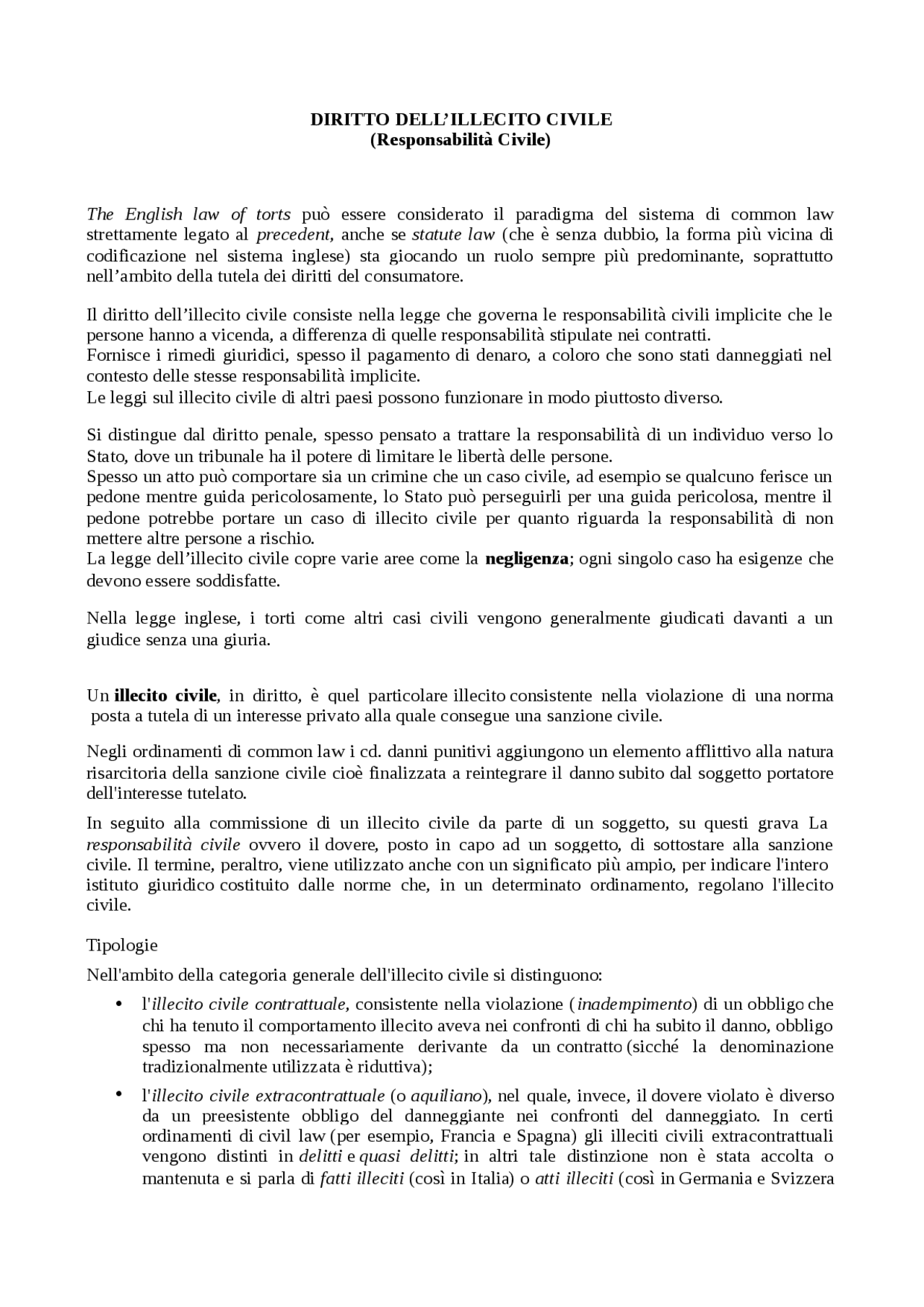 Illecito Civile secondo Tort Law Docsity