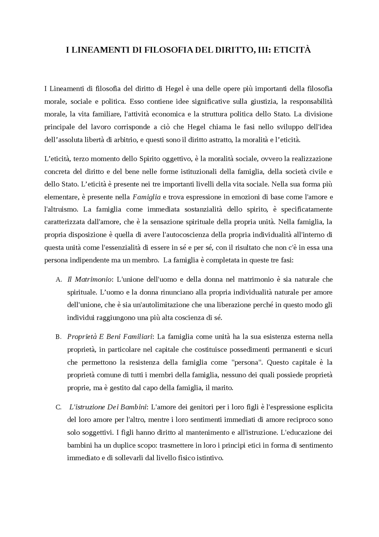I lineamenti di filosofia del diritto Sintesi del corso di Filosofia