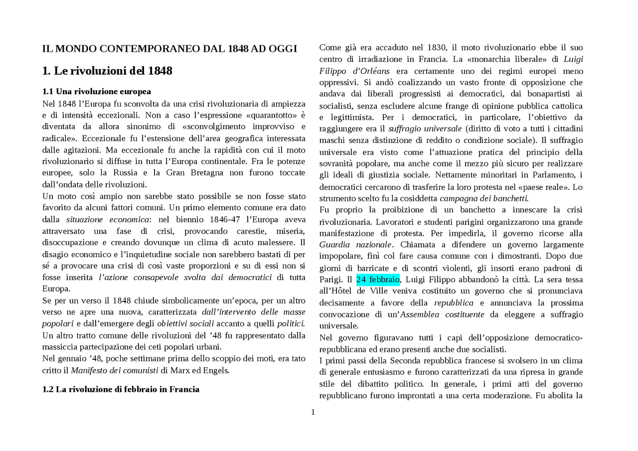 Il mondo contemporaneo dal 1848 ad oggi Sabbatucci-Vidotto - Docsity