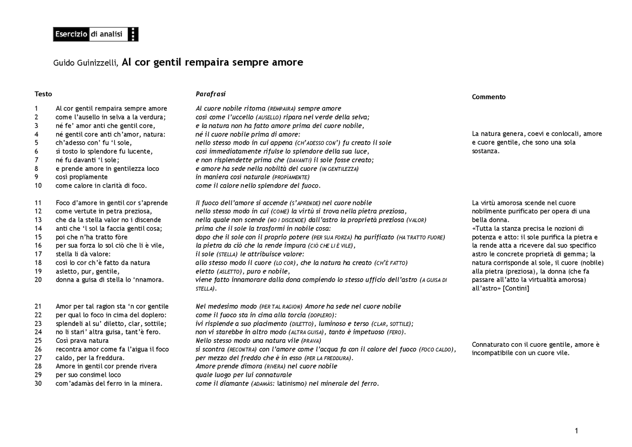 Al Cor Gentil Rempaira Sempre Amor - Docsity