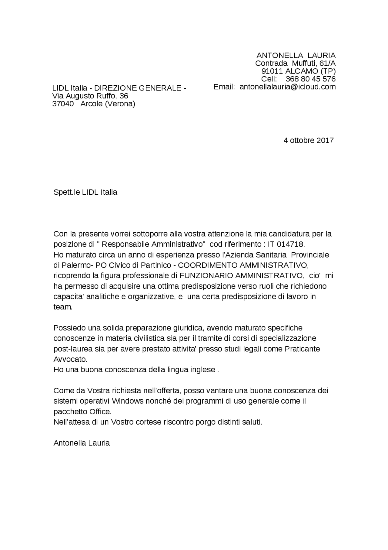 Lettera di referenze fine stage