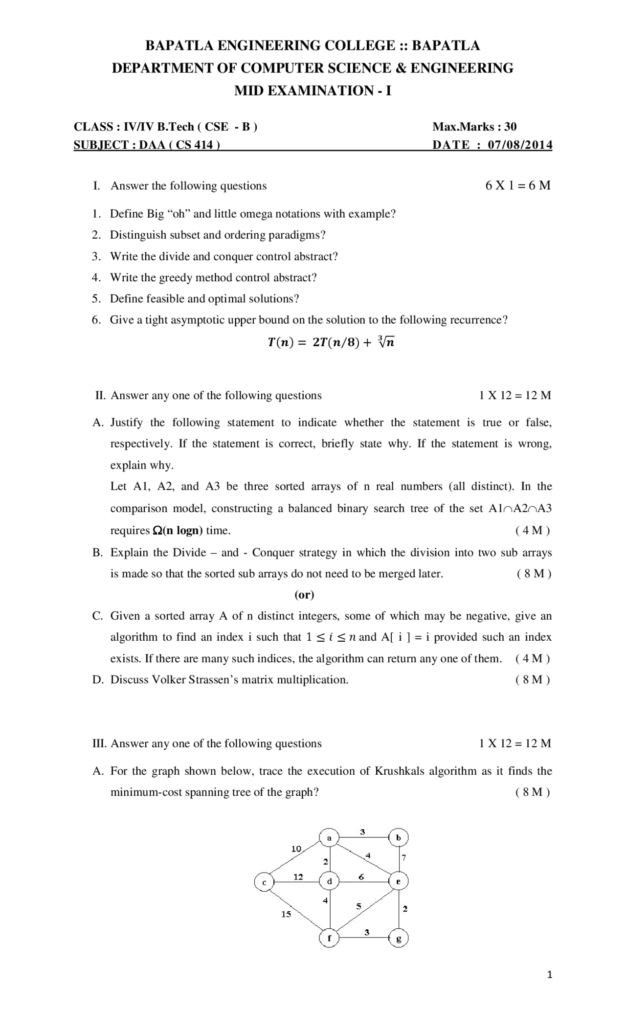 Design and Analysis of Algorithms MID Term Question Paper | Exams ...