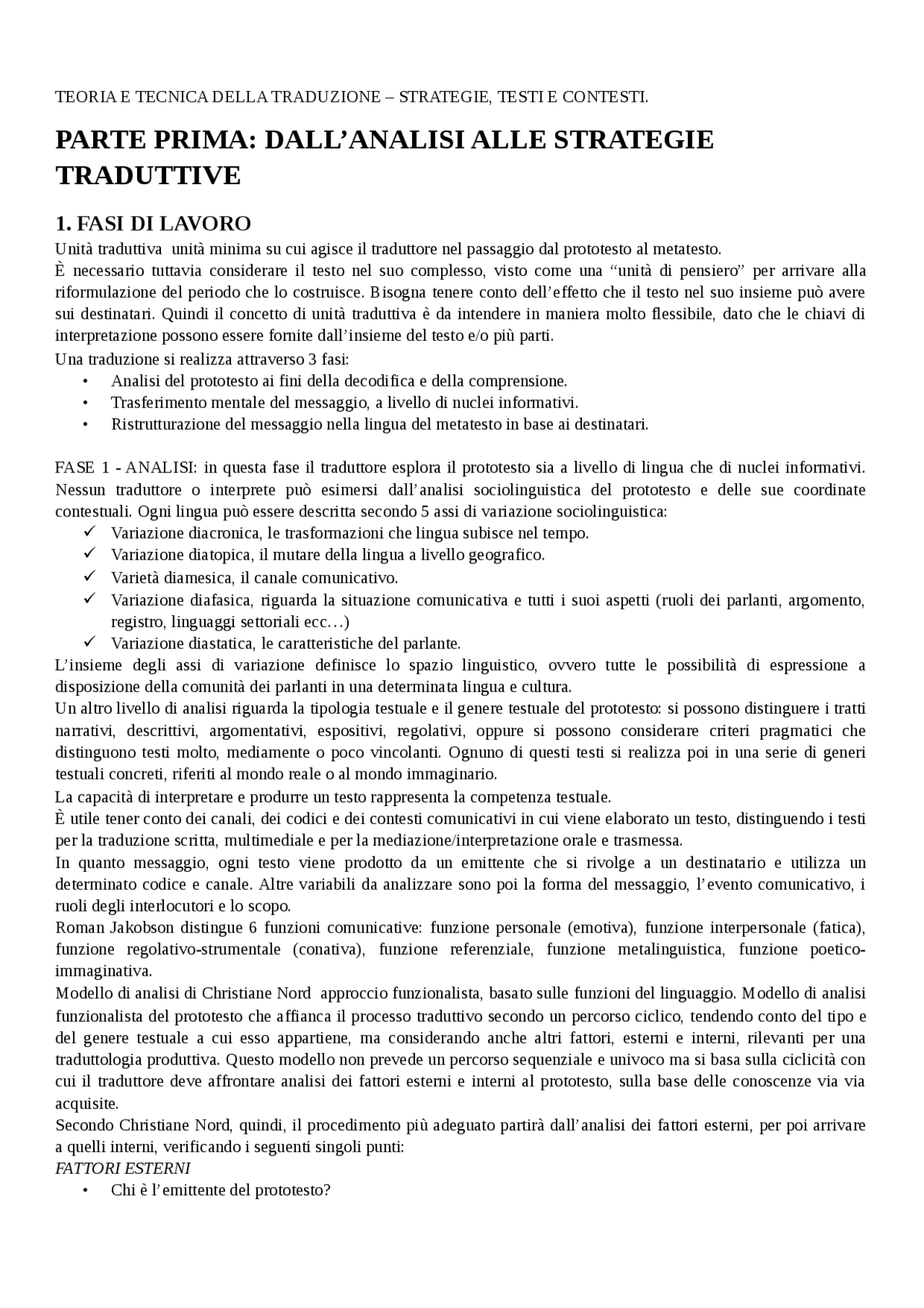 Le fasi e i fattori della traduzione Sintesi del corso di Teoria