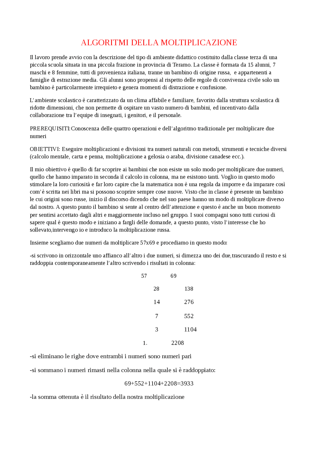 Algoritmi della moltiplicazione - Docsity