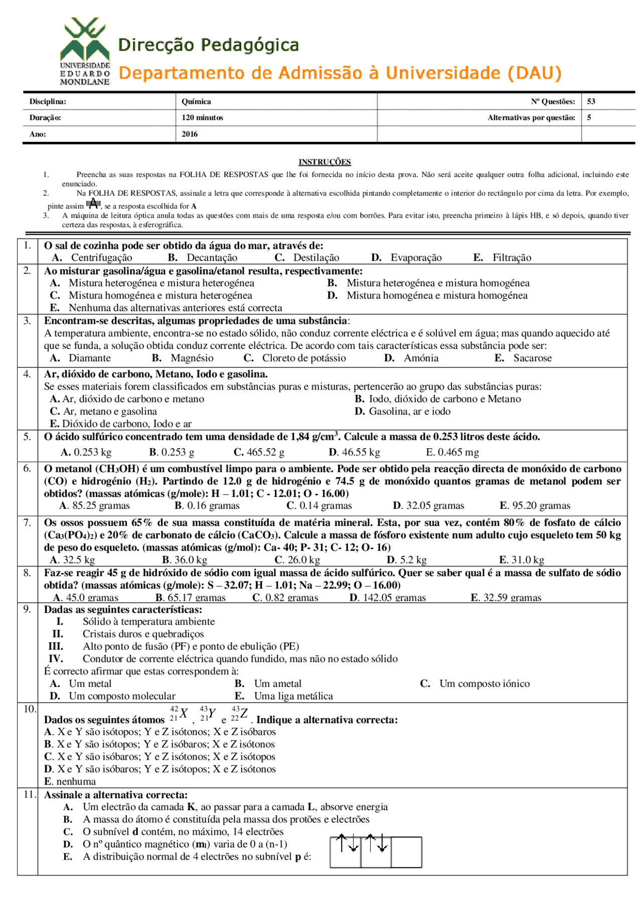 Exames de admissão uem Docsity