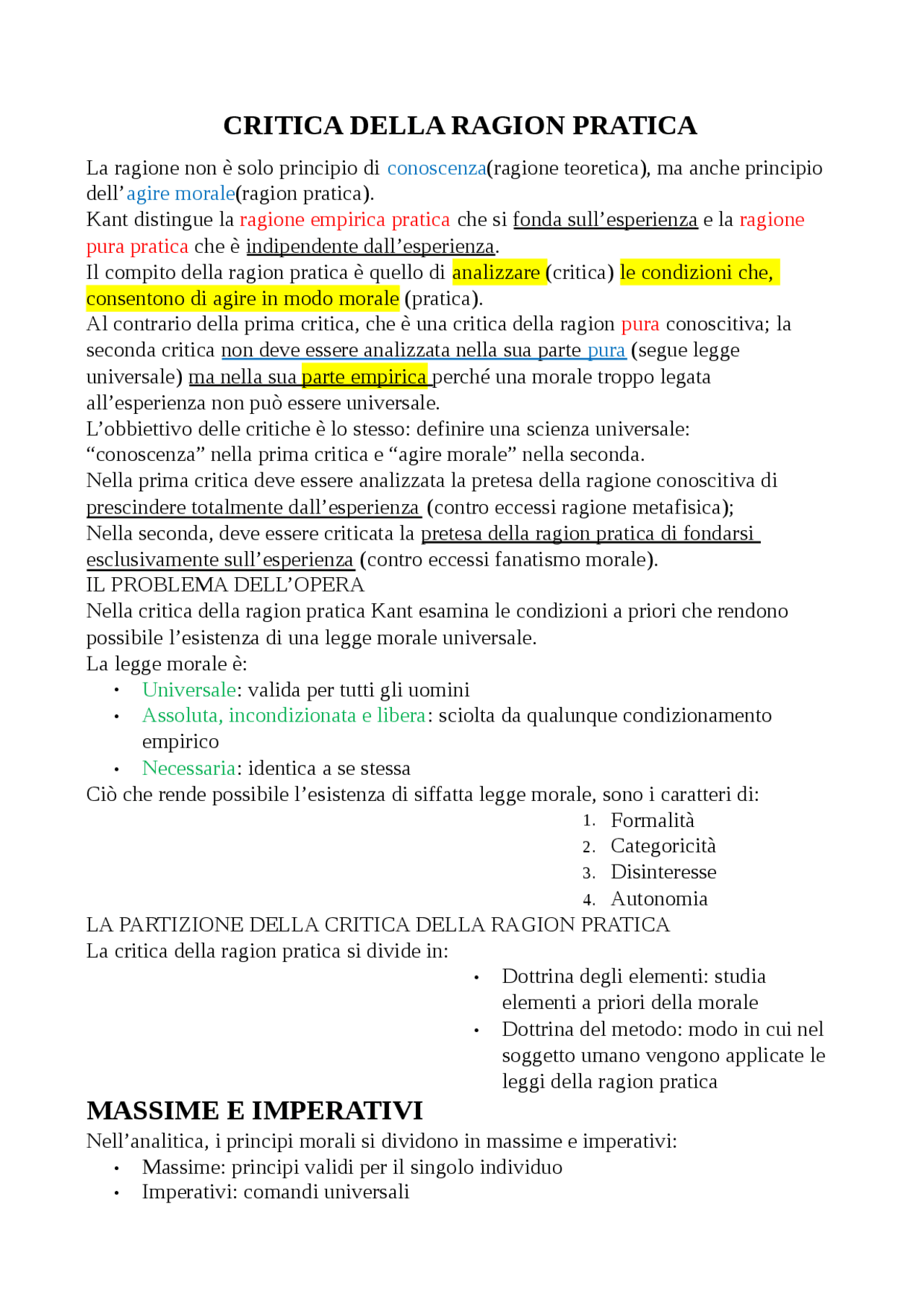 KANT critica della ragion pratica Docsity