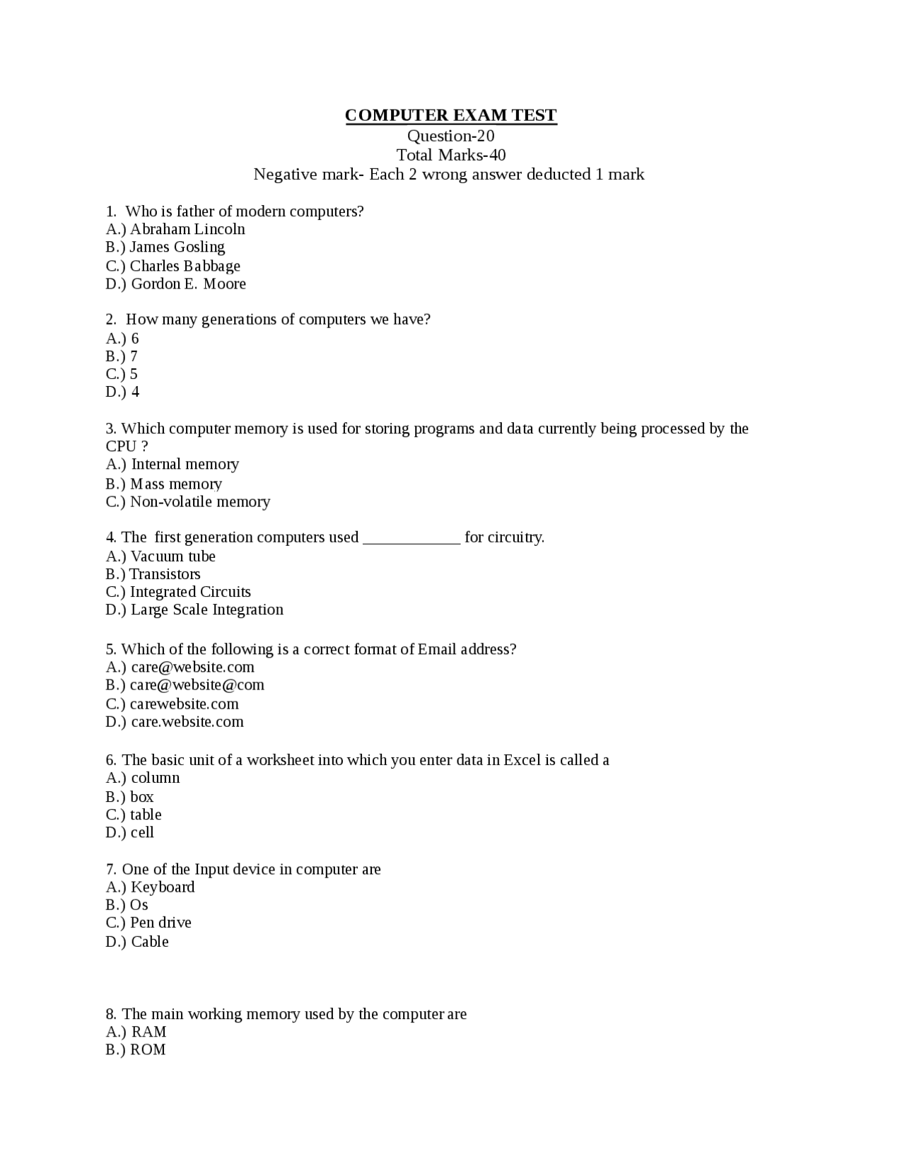 Basic computer question | Exams Computer Science - Docsity