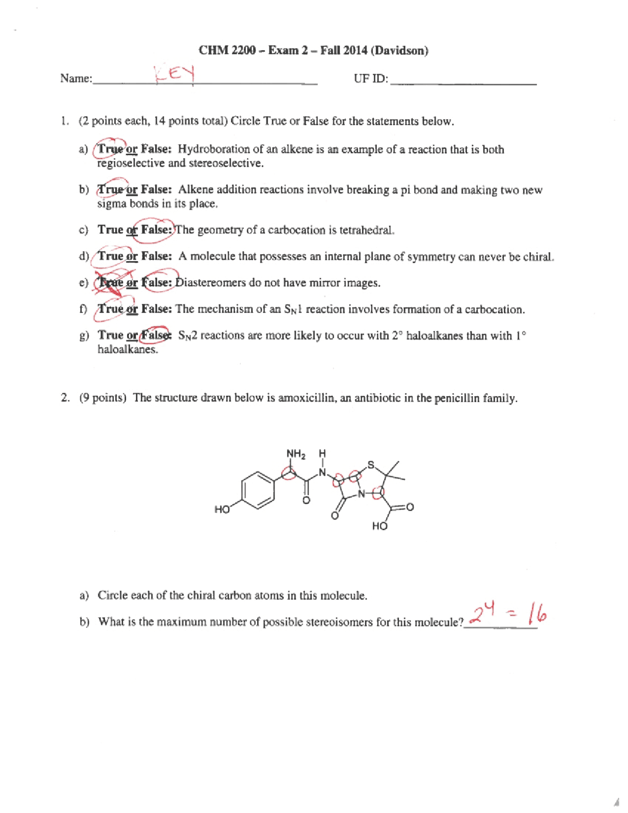 Exam II with Answers - Organic Chemistry | CHM 2200 - Docsity