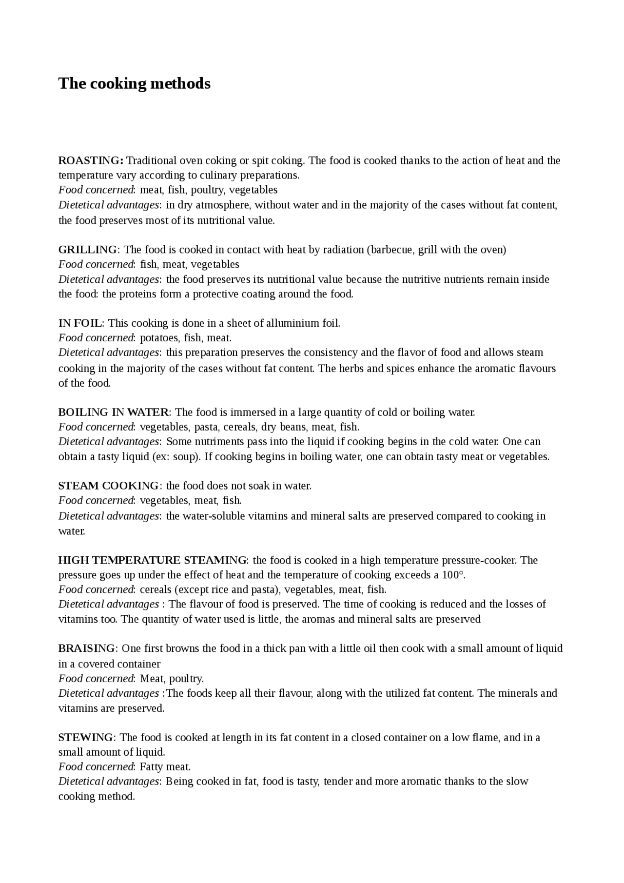 I metodi di cottura in inglese