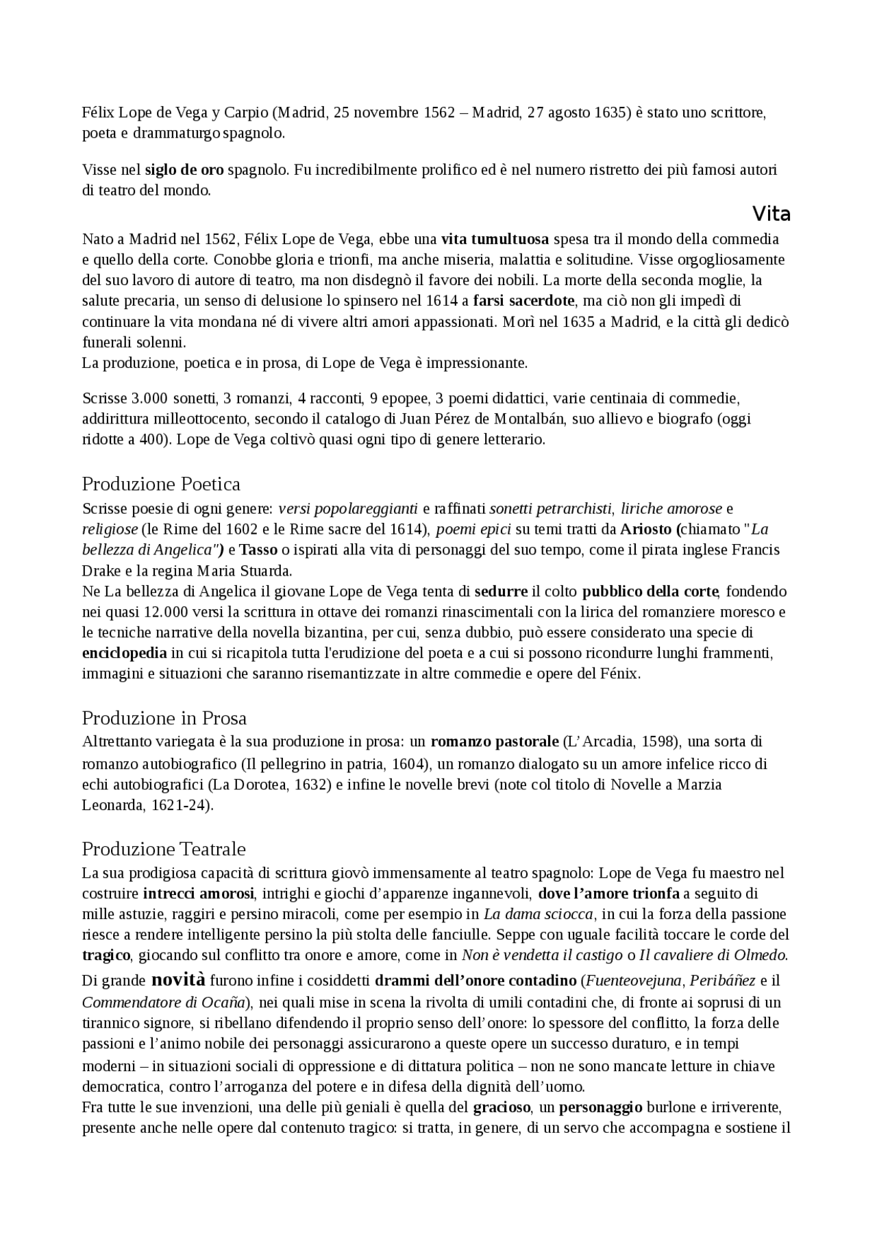 Lope de Vega, siglo de oro Appunti di Italiano Docsity