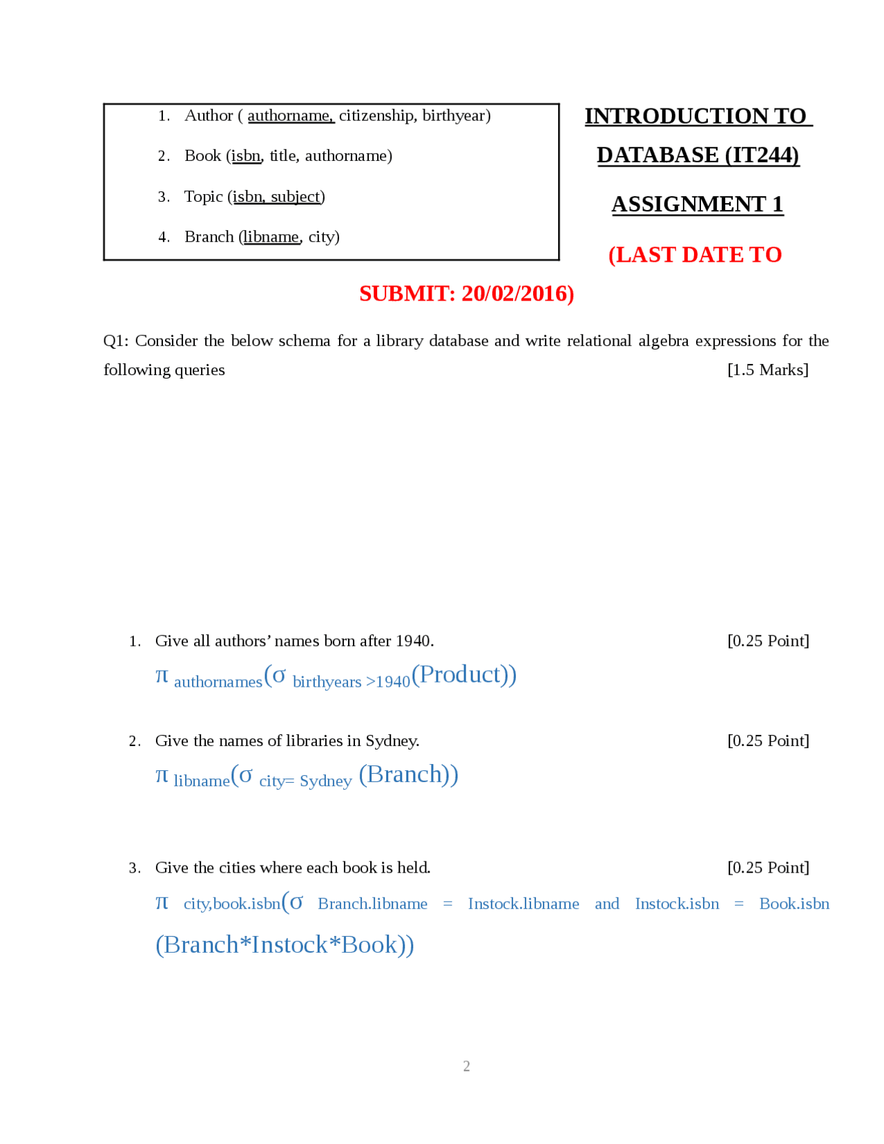 Database introduction Assignment - Docsity