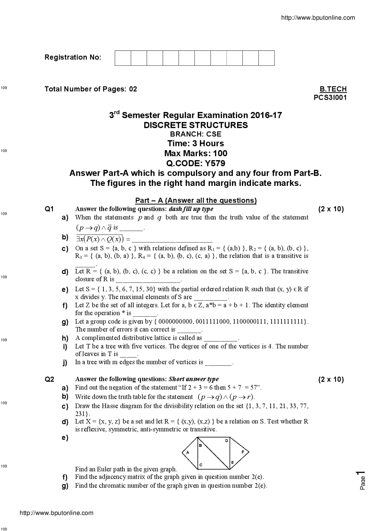 Paper Betch Sample Paper for discrete mathematics for btech students - Docsity