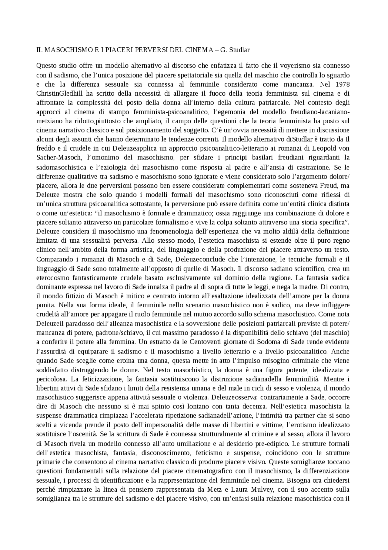 IL MASOCHISMO E I PIACERI PERVERSI DEL CINEMA, G. STUDLAR Sintesi del