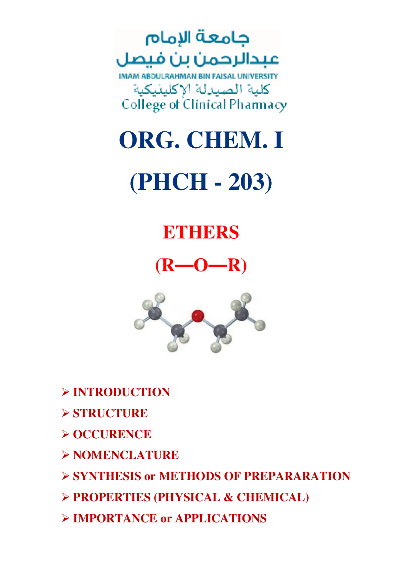 Ethers In Organic Chemistry Docsity