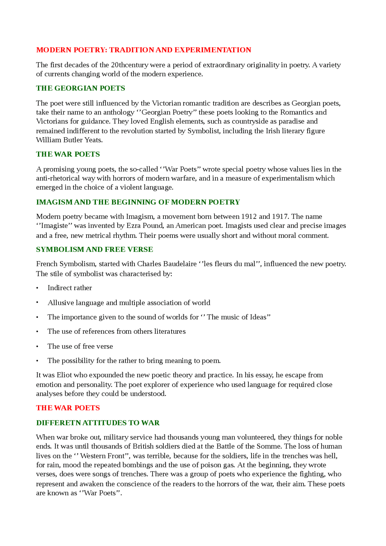 Modern Poetry War Poets Docsity