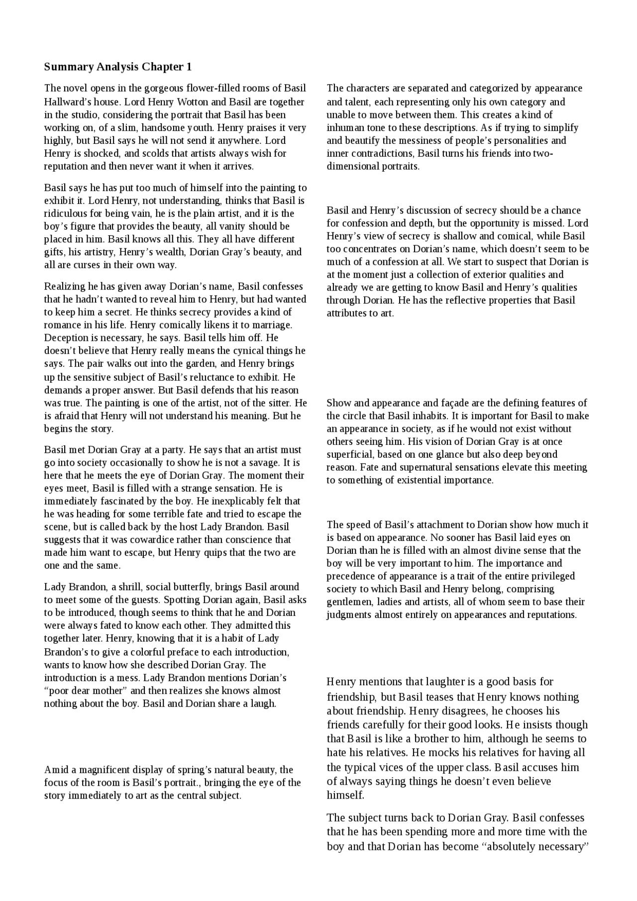 Summary and analysis of chapter 1 of Dorian Gray - Docsity