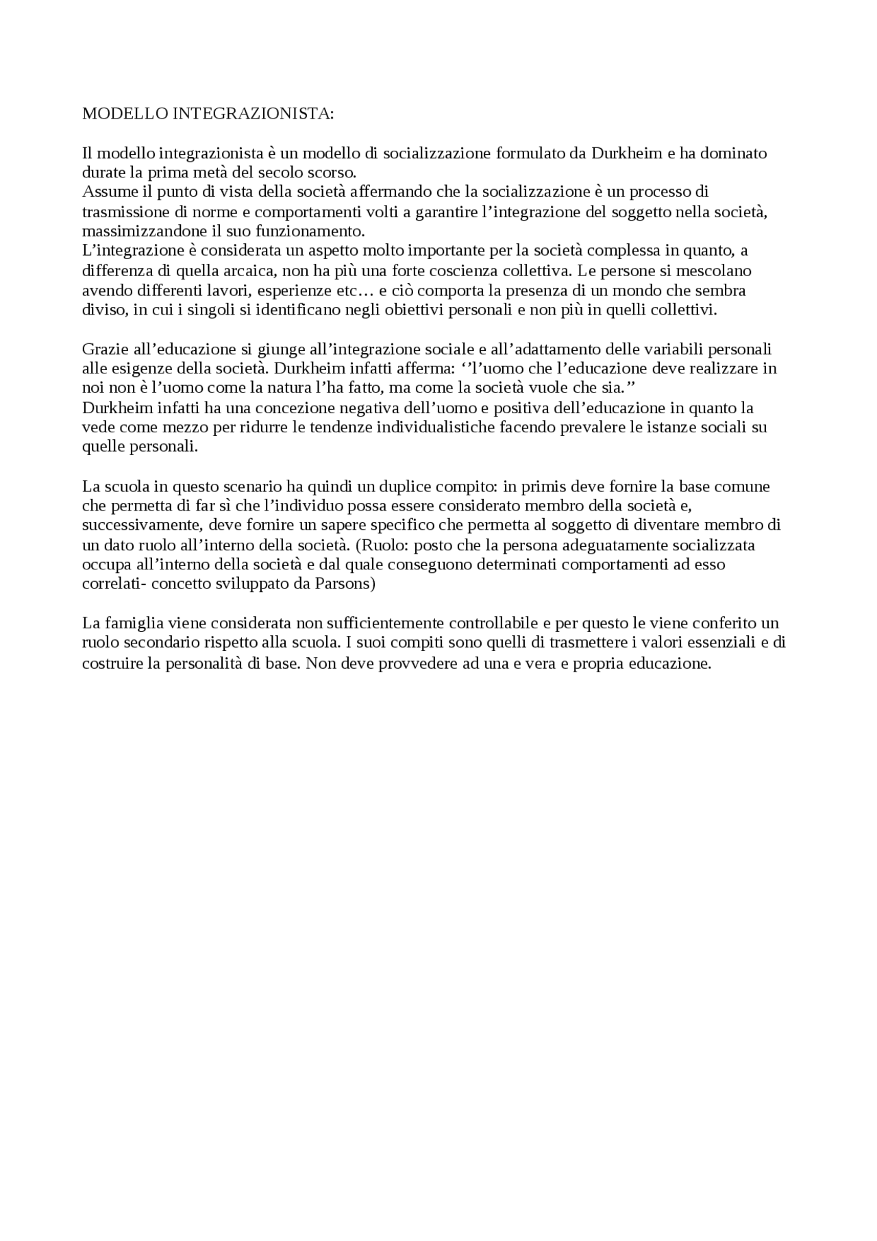 Modello integrazionista - Sociologia | Esercizi di Sociologia - Docsity